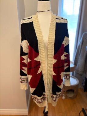 Open-Front Tribal Pattern Cardigan Sweater - Black, Red & Cream